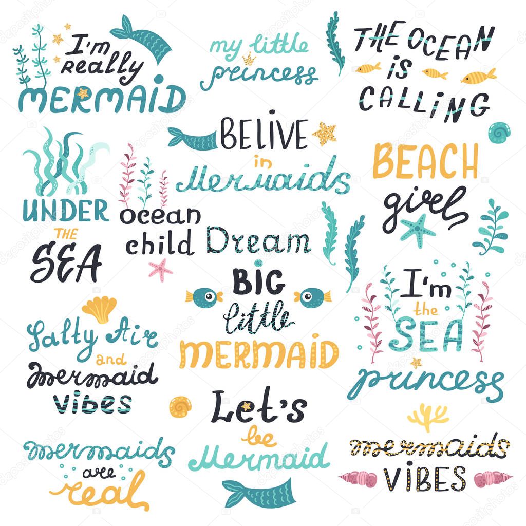Vector set of lettering with cute mermaids phrases.