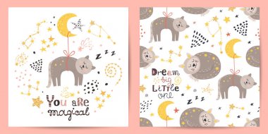 Sevimli kedi ile Dikişsiz desen ve kart seti