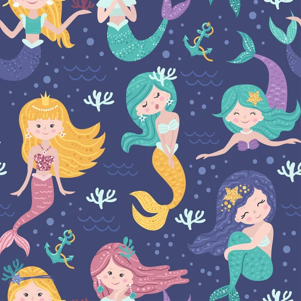 Seamless pattern with cute mermaids, seaweed — Stock Vector