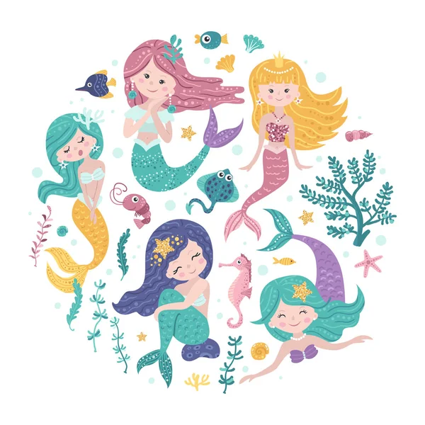 Poster mit Meerjungfrauen und Meerestieren — Stockvektor