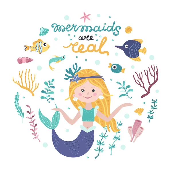 Poster with mermaid, sea animals and lettering — Stock Vector
