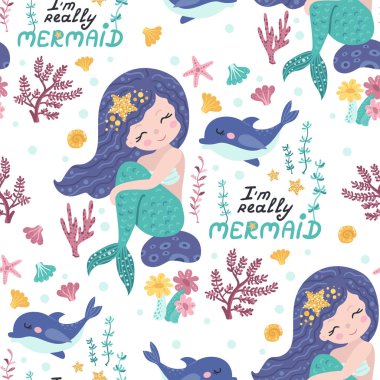 Sevimli mermaids, yosun ile Dikişsiz desen