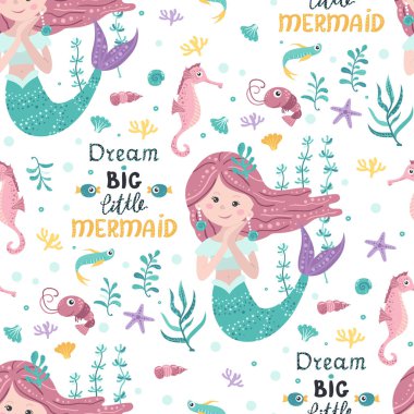 Sevimli mermaids, yosun ile Dikişsiz desen