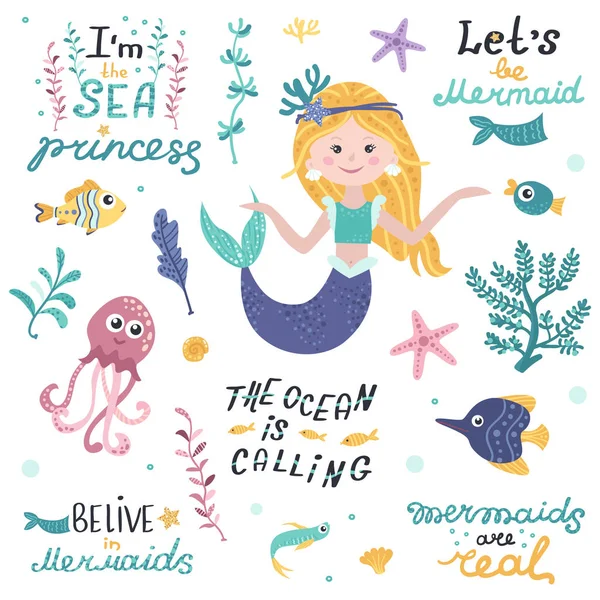 Set of mermaid, sea animals and lettering — Stock Vector