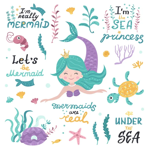 Set of mermaid, sea animals and lettering — Stock Vector