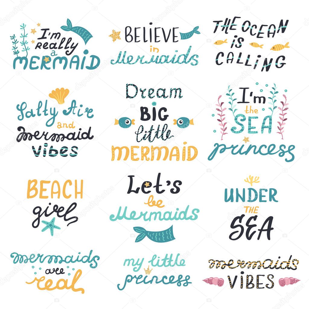 Vector set of lettering with cute mermaids phrases