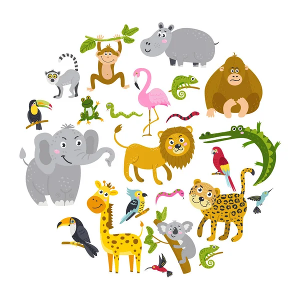 Conjunto de animales tropicales en círculo — Vector de stock