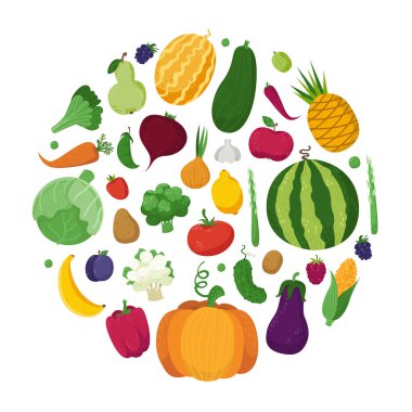 Sebze, meyve ve çilek bir daire içinde