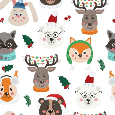 Sevimli hayvan yüzleri ile Noel sorunsuz desen