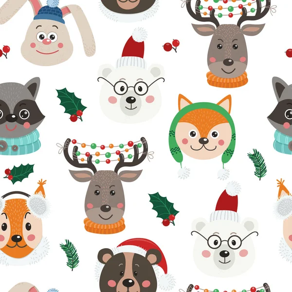 Natal sem costura padrão com rostos de animais bonitos — Vetor de Stock