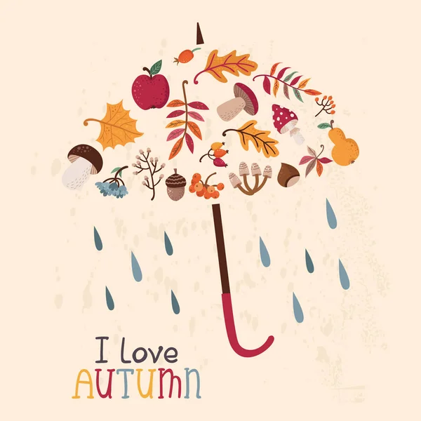 Herfst kaart met champignons, bladeren, bessen in de vorm van een paraplu. — Stockvector