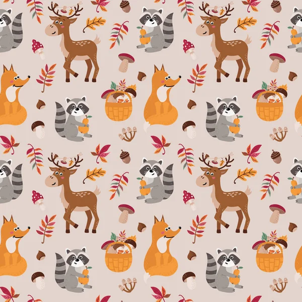 Seamless pattern with cute raccoons, foxs, deers — Stock Vector