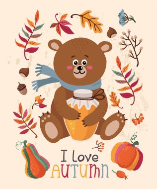 Ayı ve yaprakları ile Sonbahar kartı