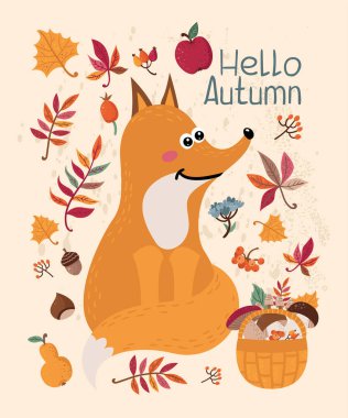 Tilki ve yaprakları ile Sonbahar kartı