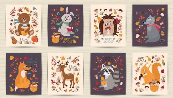 Set van herfst kaarten met bos dieren — Stockvector