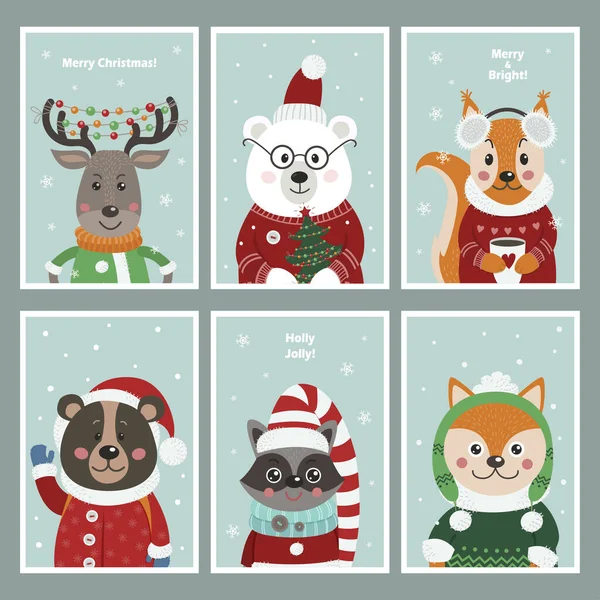 Conjunto de cartões de Natal com animais bonitos da floresta . — Vetor de Stock