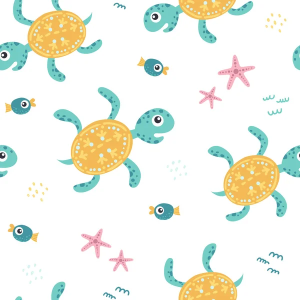 Παιδικό μοτίβο χωρίς ραφή με χελώνες, ψάρια και αστερίες. — Διανυσματικό Αρχείο