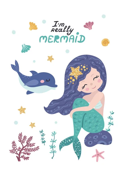 Cartaz infantil com sereia, estrela do mar, algas marinhas e corais —  Vetores de Stock