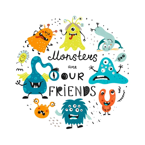 Childish round poster with cute monsters. — Stock Vector