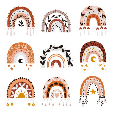 Boho Gökkuşağı seti. Bebek odası için tırmanışlar, tebrik kartları, çocuklar ve bebek tişörtleri ve giysileri, el çizimi bebek resimleri.