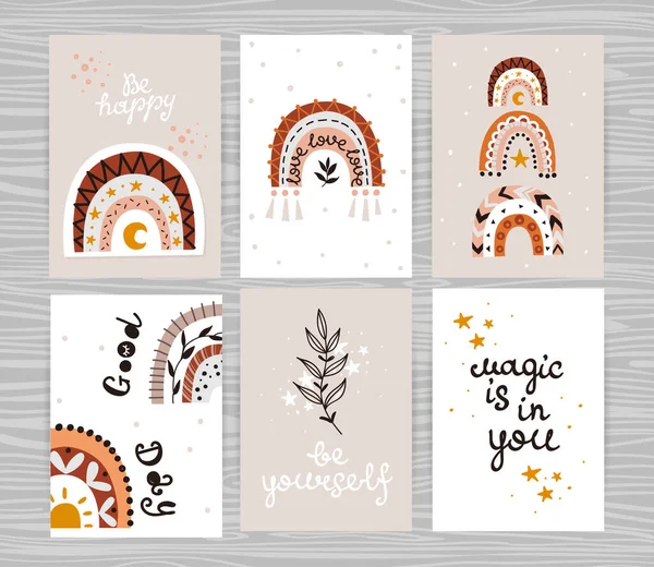 Conjunto Carteles Con Arcoíris Inscripciones Boho Perfecto Para Dormitorio Niños — Vector de stock