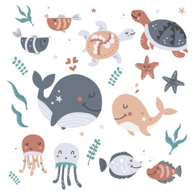 Çocuklar için deniz hayvanları seti. Çıkartmalar, kartlar, davetiyeler ve posterler için izole öge