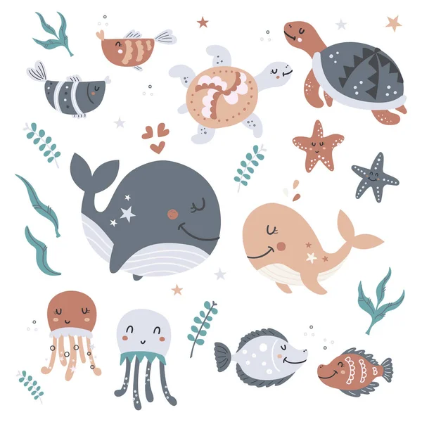 Çocuklar için deniz hayvanları seti. Çıkartmalar, kartlar, davetiyeler ve posterler için izole öge