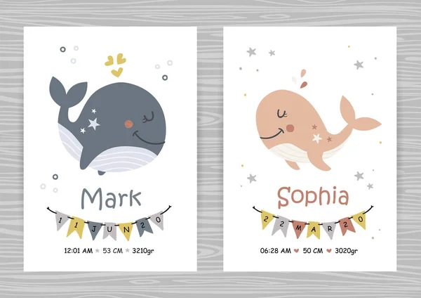 Plantillas de invitación para baby shower con animales marinos para niña y niño. — Archivo Imágenes Vectoriales