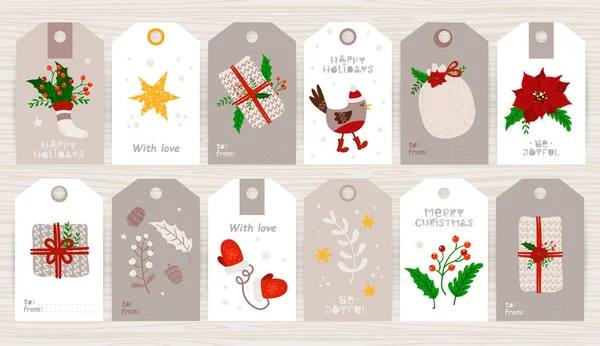 Weihnachtsgeschenkanhänger mit niedlichen Illustrationen und Weihnachtswünschen. — Stockvektor