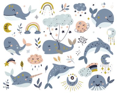 Göksel balinalar, yunuslar ve deniz gergedanları. Çıkartmalar, kartlar, davetiyeler ve posterler için izole öge