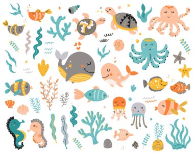 Çocuklar için büyük deniz hayvanları seti. Çıkartmalar, kartlar, davetiyeler ve posterler için izole öge
