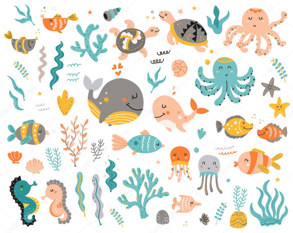 Big set of sea animals for kids. Isolated element for stickers, cards, invites and posters