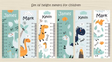 Set of Kids height chart with dinosaurs clipart