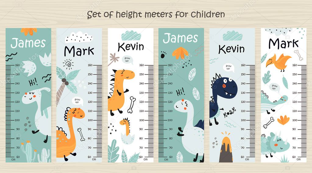 Set of Kids height chart with dinosaurs