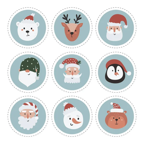 Kolekcja Etykiet Świątecznych Bałwanem Gnomem Mikołajem Zwierzętami Leśnymi Szablony Kart — Wektor stockowy