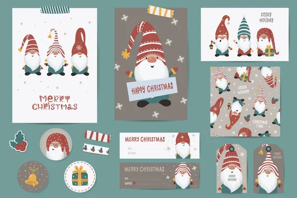 Set Natale Con Cartoline Natale Appunti Adesivi Etichette Francobolli Tag — Vettoriale Stock