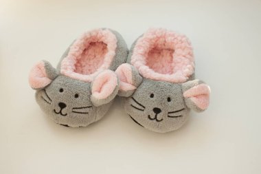 Fare terlik beyaz zemin üzerine çift. Çocuk ev ayakkabıları.