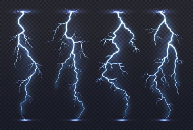 Yıldırım. Gök gürültüsü fırtına elektrik mavi gökyüzü flash fırtınalı gerçekçi fırtına yağmur fırtınası iklim. Lightning'ler vektör