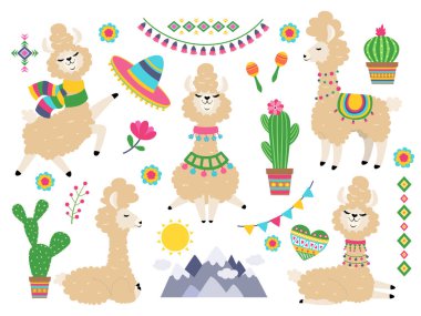 Llama set. Baby llamas cartoon alpaca, wild lama. Girl invitation elements vector clipart