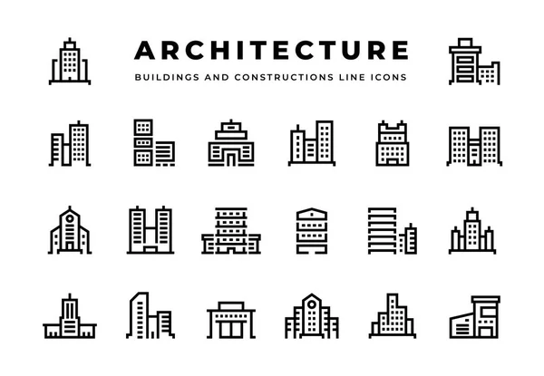 Zeilensymbole. Stadtbild mit Wolkenkratzern Geschäftszentren und modernen Bürohotels und Stadthäusern — Stockvektor