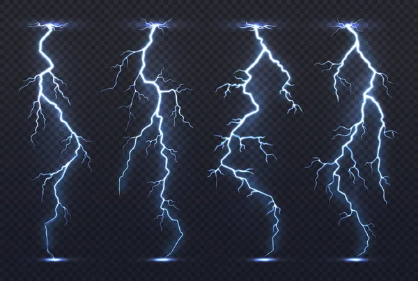 Relâmpago. Tempestade trovão eletricidade céu azul flash tempestade realista tempestade tempestade clima tempestade. Vetor de raios —  Vetores de Stock