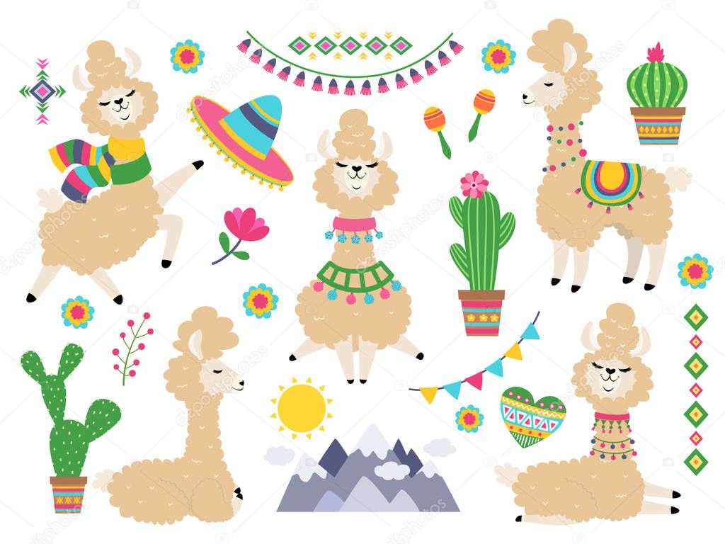 Llama set. Baby llamas cartoon alpaca, wild lama. Girl invitation elements vector