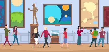 İnsanlar Sanat Müzesi'nde. İzleyiciler yürümek ve izlemek resim ve sanat çağdaş sanat sergisi
