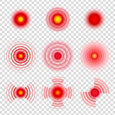 Ağrı daireler. Vücut acı verici nokta işaretleri. Medikal tedavi migren ağrı kesici vektör simgeler