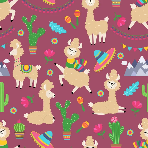 Lama nahtlose Muster. Alpaka Baby und Kaktus mädchenhafte Textiltextur. Lama-Stammeskonzept — Stockvektor