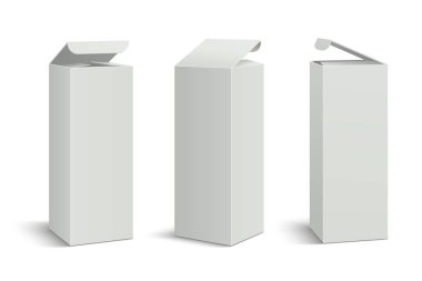 Beyaz uzun boylu paket. 3D kutuları mockup, kozmetik tıp dikdörtgen karton ambalaj. Dikey kağıt kutusu vektör şablonu