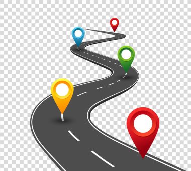 Yol infographics. Dolambaçlı yol PIN işaretçiler ile başarı için. İş yolculuk yolu. İlerleme vektör kavramı