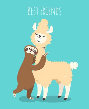 Lama ve tembel. Alpaka tembel tembel ayı ile. Bebek t-shirt tasarım, komik vektör poster