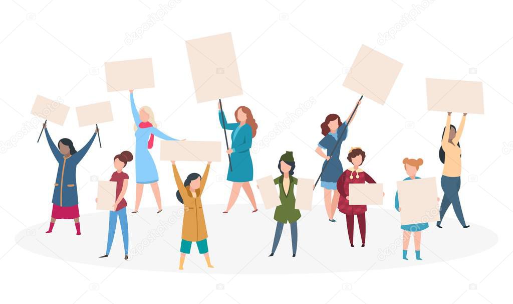 Protest womans. Girl feminism with placard on manifestation, demonstration. Woman rights vector concept