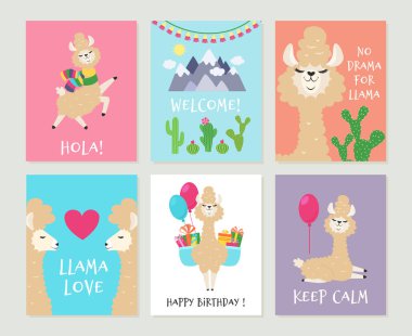 Lama davetiyeleri. Şirin alpaka Doğum günü tebrik kartı. Karikatür komik pembe lamas kızlar arka planlar